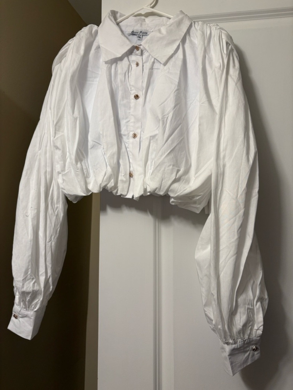 Cropped Puff Sleeve Button-Up Blouse - White